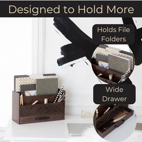 BLU MONACO Mail Organizer for Desk – Brown Wooden Mail Sorter with Drawer and 6 Compartments – Rustic Letter Organizer with Black Handle – Desktop File Holder for Home Office, Entryway, or Kitchen - Image 4