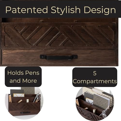 BLU MONACO Mail Organizer for Desk – Brown Wooden Mail Sorter with Drawer and 6 Compartments – Rustic Letter Organizer with Black Handle – Desktop File Holder for Home Office, Entryway, or Kitchen - Image 5