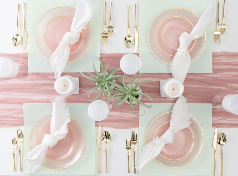 PLASTICPRO 128 Pieces Crystal Design Plastic Plates Combo Pack 7 inch and 10 inch Gold Rim Elegant Disposable Plates, Transparent Pink - Image 2