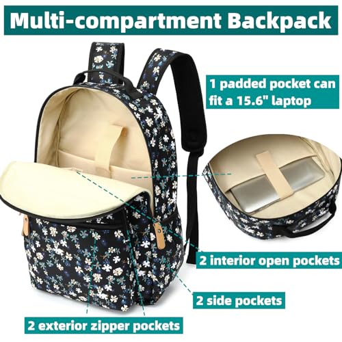 Leaper Daisy Printing Laptop Backpack Travel Backpack for Women School Backpack for Girls Kids College Daypack Bookbags Satchel Black - Image 5