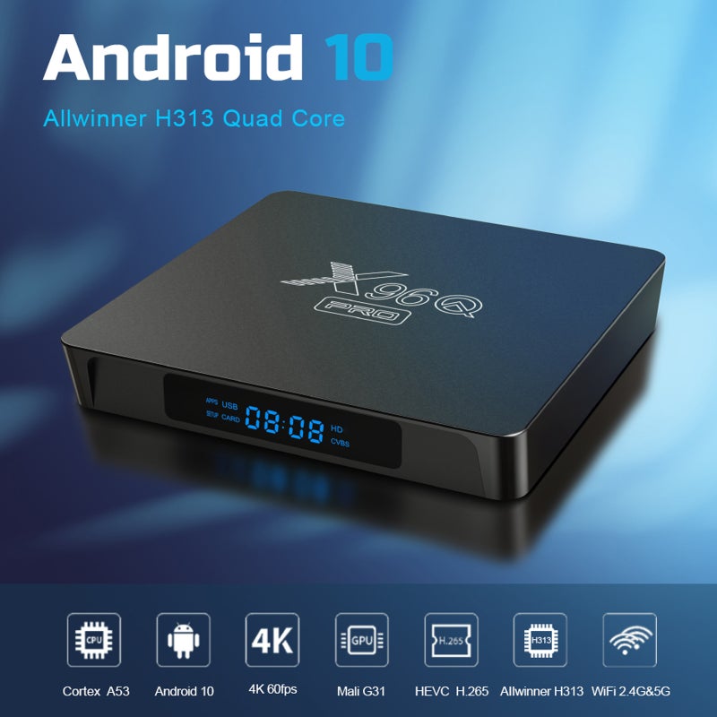 علبة التلفزيون الذكي: مشغل الوسائط 4K UHD بنظام أندرويد 10.0 مع معالج CPU رباعي النواة Allwinner H313 للترفيه المنزلي، ذاكرة الوصول العشوائي 1 جيجا بايت وذاكرة القراءة/الكتابة 8 جيجا بايت، لون أسود - Image 2