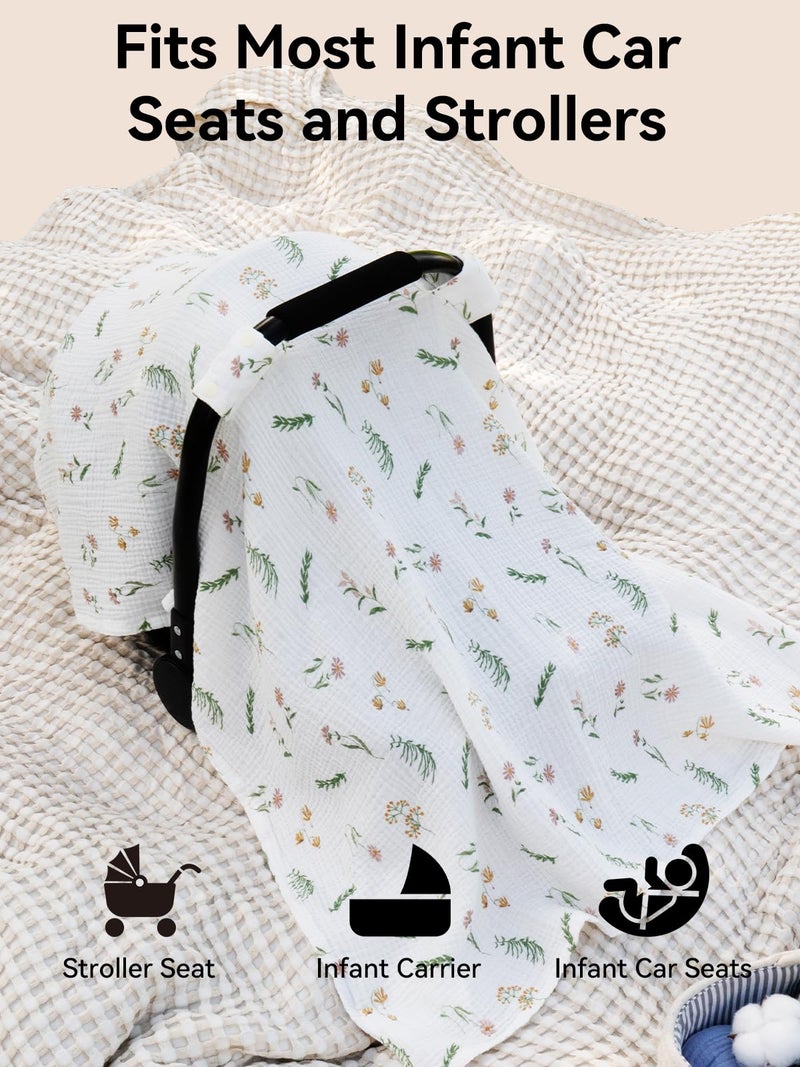 TILLYOU Baby Car Seat Cover, Breathable Muslin Cotton Infant Car Seat Cover, Lightweight Canopy with Sun and Bug Protection(Daisy) - Image 3