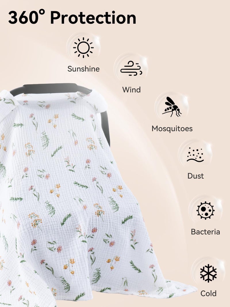 TILLYOU Baby Car Seat Cover, Breathable Muslin Cotton Infant Car Seat Cover, Lightweight Canopy with Sun and Bug Protection(Daisy) - Image 2