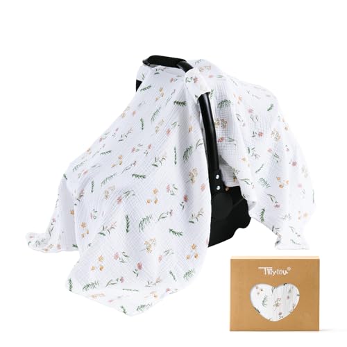 TILLYOU Baby Car Seat Cover, Breathable Muslin Cotton Infant Car Seat Cover, Lightweight Canopy with Sun and Bug Protection(Daisy) - Image 1