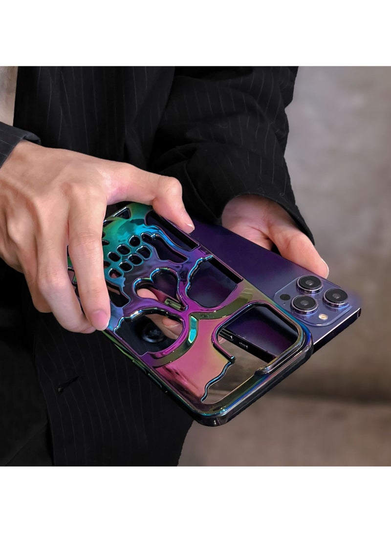 For iPhone 16 Pro Max Cool Case, Plating Skull Laser Colorful Hollow Out Electroplate Glossy Slim Thin Phone Cover for iPhone 16 Pro Max, Black - Image 4
