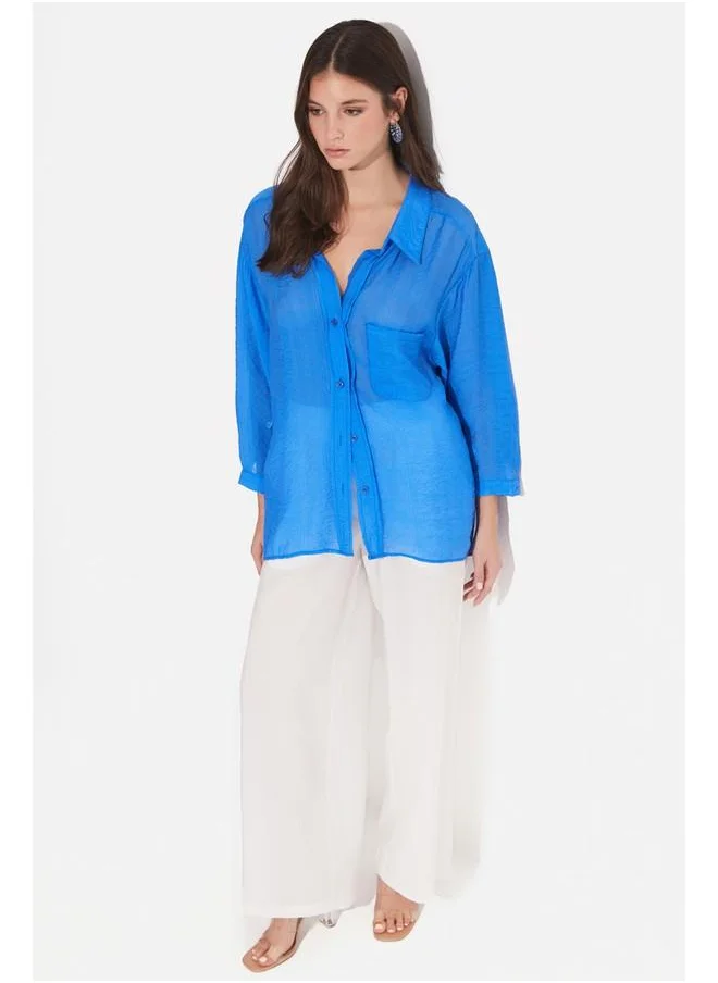 جون June Women Viscose Blend Pocket Detailed Woven Shirt Blue