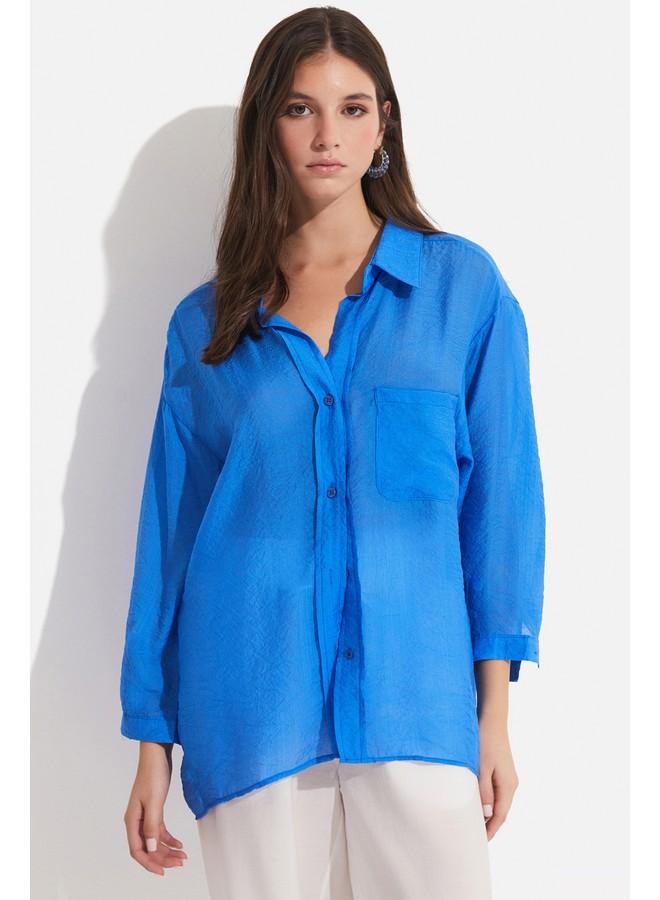 جون قميص نسائي من الفيسكوز أزرق مفصل بجيوب - Image 4