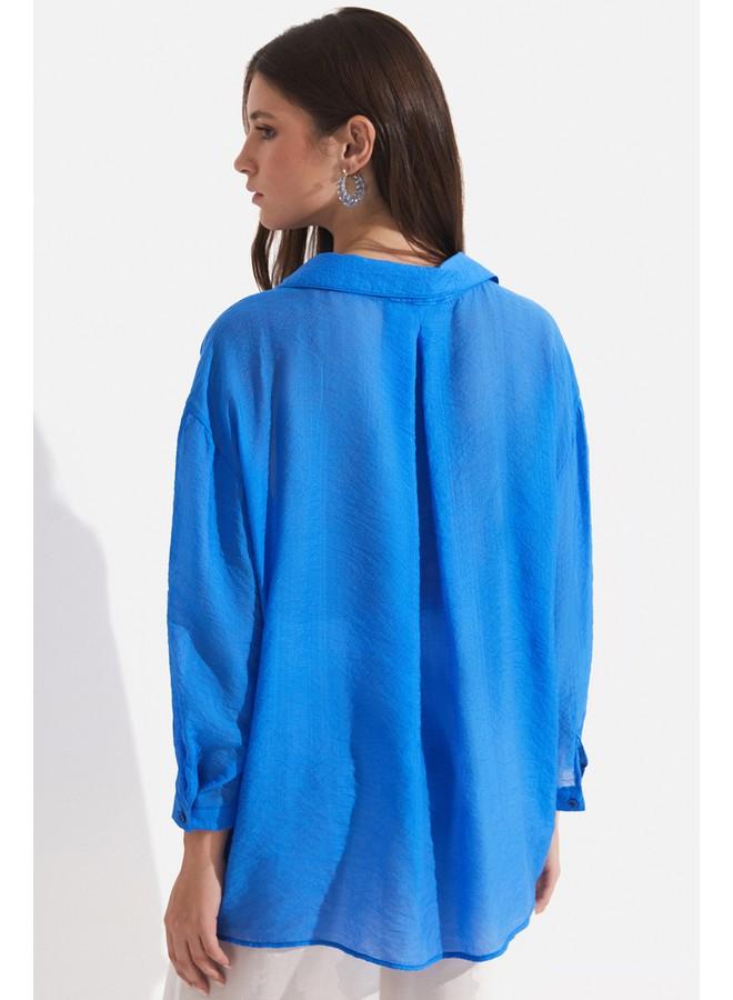 جون قميص نسائي من الفيسكوز أزرق مفصل بجيوب - Image 5