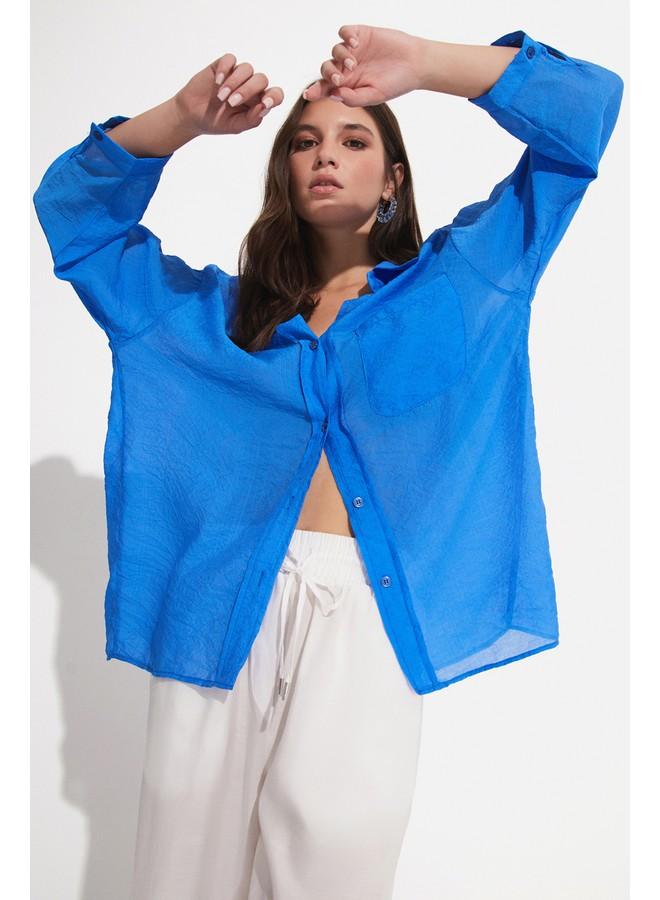 جون قميص نسائي من الفيسكوز أزرق مفصل بجيوب - Image 2