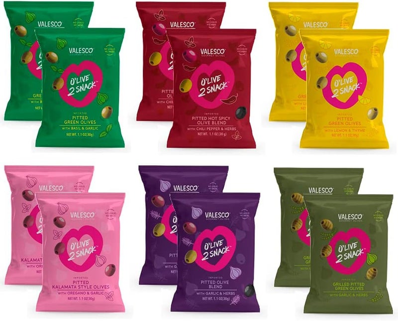 Valesco O'Live 2 Snack Pitted Olives Variety Pack - 6 Flavors, 12 Pouches (1 oz each) - Image 1