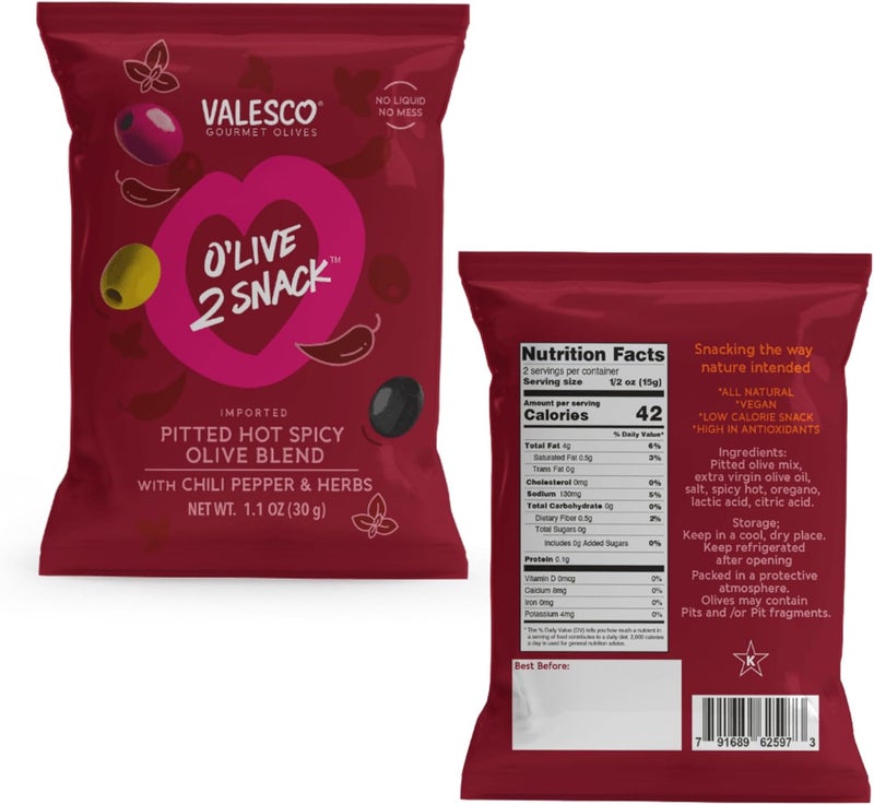 Valesco O'Live 2 Snack Pitted Olives Variety Pack - 6 Flavors, 12 Pouches (1 oz each) - Image 3