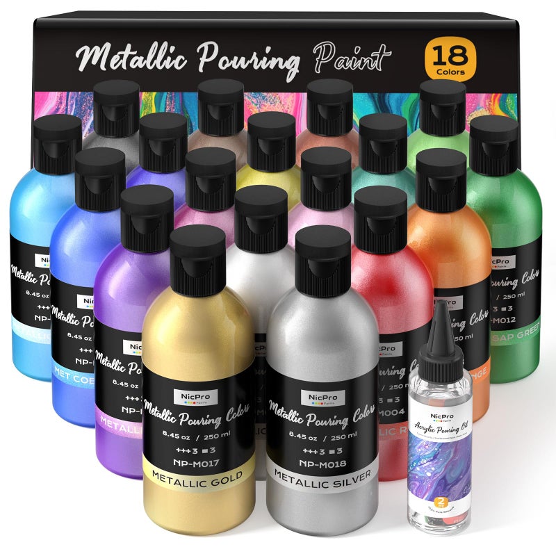 Nicpro 18 Colors 8.45oz Metallic Acrylic Pour Paint Supplies Kit, Large Volume Ready to Pour Premixed High Flow Pouring Paint Set with Silicone Pouring Oil, Gloves, Instructions for Beginner DIY - Image 1