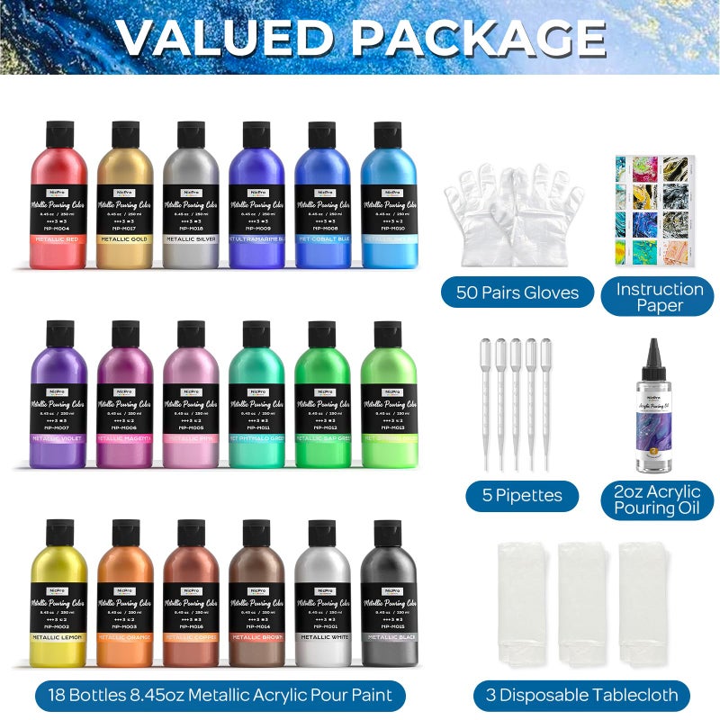 Nicpro 18 Colors 8.45oz Metallic Acrylic Pour Paint Supplies Kit, Large Volume Ready to Pour Premixed High Flow Pouring Paint Set with Silicone Pouring Oil, Gloves, Instructions for Beginner DIY - Image 3