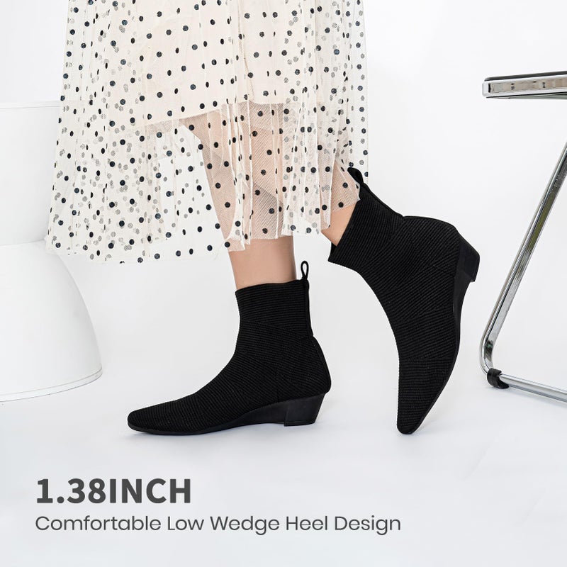 youngshow Womenâ€™s Boots Comfortable Knit Low Heel Boots for Women Ankle Booties Sock Style Pointed Toe Slip On Ladies Dress Shoes Black 9 - Image 4