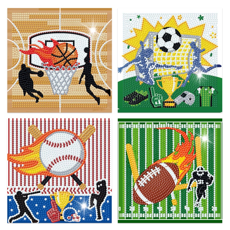 Cheerupp 4 Pcs Sports Diamond Art Kits for Kids, Basketball Football Baseball Soccer DIY Creative Diamond Art Sticker Craft by Number for Adults Beginner, Full Round Drill Gem Art for Home Wall Decor - Image 1