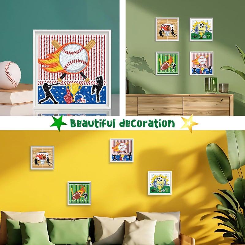 Cheerupp 4 Pcs Sports Diamond Art Kits for Kids, Basketball Football Baseball Soccer DIY Creative Diamond Art Sticker Craft by Number for Adults Beginner, Full Round Drill Gem Art for Home Wall Decor - Image 3