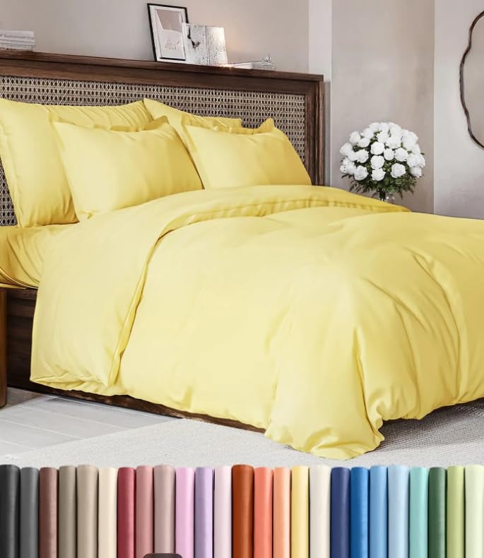 CGK Unlimited Duvet Cover King Size Set Extra Soft King Duvet Cover 104 x 90 with 2 Pillow Shams Hotel Luxury Easy Care and Fade Free w Zipper Closures Ties All Season Comfy Cozy Breathable Yellow - Image 1