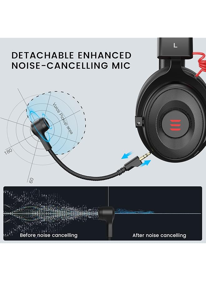 EKSA Ps4/Pc Gaming Headset With Virtual 7.1 & 3.5 Mm Surround Sound 2 In 1 Wired Over Ear Gaming Headphones With Detachable Mic & Red Led Light Computer Headset For Laptop Ps5 Xbox One Smartphone - Image 3
