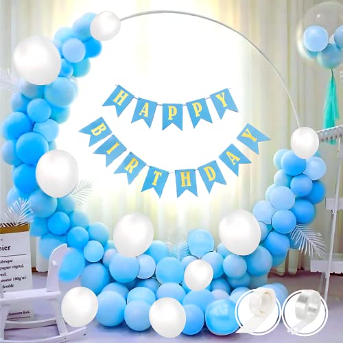 Flyloons 53pcs set of Birthday Decorations items for boys with Blue Banner, Blue Pastel Balloons, White Balloons, Glue Dots, Arch Tape - Image 1