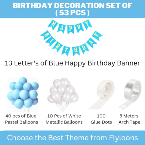 Flyloons 53pcs set of Birthday Decorations items for boys with Blue Banner, Blue Pastel Balloons, White Balloons, Glue Dots, Arch Tape - Image 2