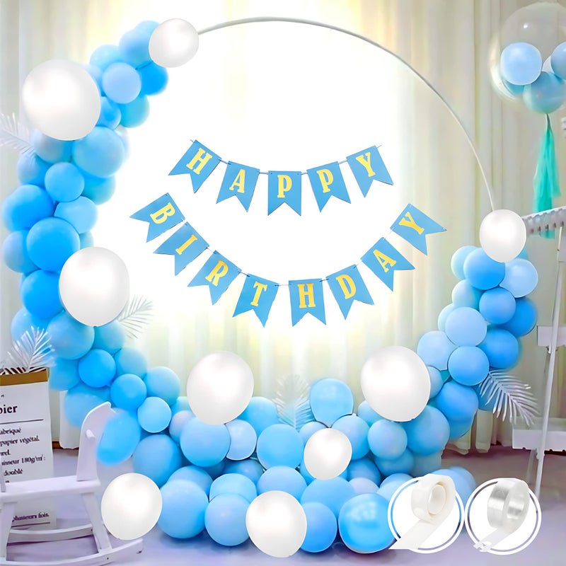 Flyloons 53pcs set of Birthday Decorations items for boys with Blue Banner, Blue Pastel Balloons, White Balloons, Glue Dots, Arch Tape - Image 3