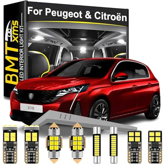 BMT xms 24 Pieces Led Interior Light Kit Replacement For Peugeot 308 3008 5008 Traveller Citron C4 Grand Picasso C5 C6 Ds3 Ds4 Ds5 6000K White Interior Car Lights - Image 1