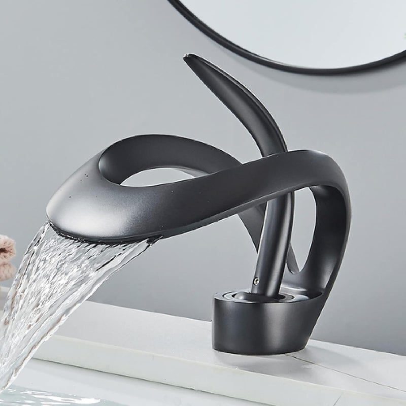 PROSFIA PROSFIA Artistic Matte Black Waterfall Bathroom Faucet Unique Loop Handle and Smooth Flow for Luxurious Modern Bathrooms Contemporary Loop Design Matte Grey Bathroom Faucet  - Image 1