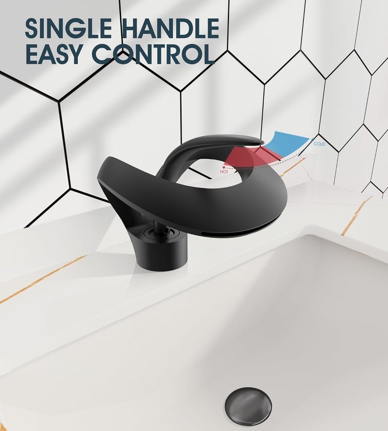 PROSFIA PROSFIA Artistic Matte Black Waterfall Bathroom Faucet Unique Loop Handle and Smooth Flow for Luxurious Modern Bathrooms Contemporary Loop Design Matte Grey Bathroom Faucet  - Image 4