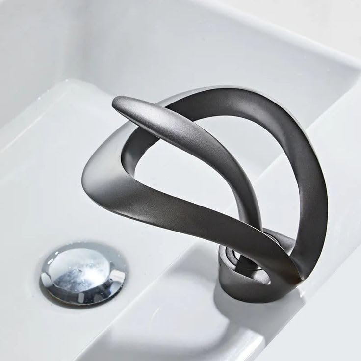 PROSFIA PROSFIA Artistic Matte Black Waterfall Bathroom Faucet Unique Loop Handle and Smooth Flow for Luxurious Modern Bathrooms Contemporary Loop Design Matte Grey Bathroom Faucet  - Image 3