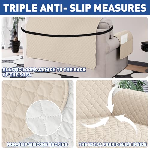 XINEAGE Oversized Sofa Cover Waterproof Couch Covers for 3 Cushion Couch, Soft Washable Slipcover with Pockets & Non-Slip Elastic Straps, Thick Furniture Protector (XL-Sofa, Beige) - Image 5