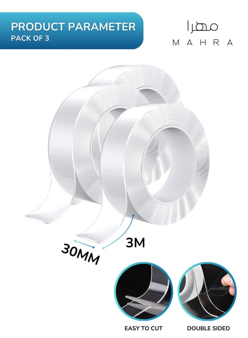 Set of 3 | Transparent Double-Sided Tape | Strong Adhesive | Ideal for Crafts, DIY Projects, Wall Decorations, Photos, Frames, Office Tasks, Mounting, Sealing, and Packaging | Clear Sticky Tape | 3m Long, 30mm Wide  - Image 3
