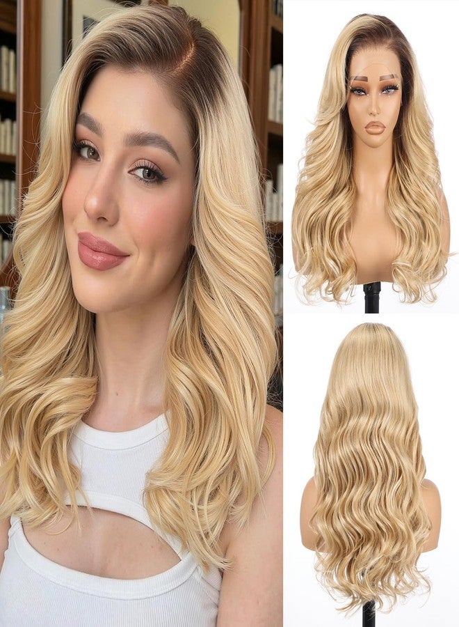Allbell 13x6 Ombre Blonde Lace Front Wig for Black Women,Glueless Synthetic HD Lace Wigs,22Inch Body Wave Hair Replacement - Image 1