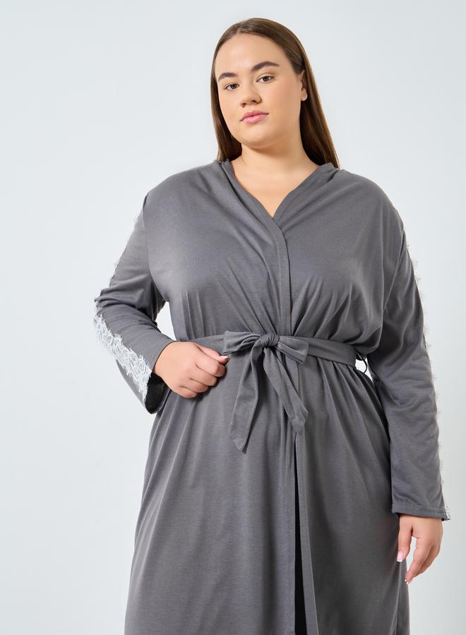 Styli Plus Size Grey Robe with Lace Sleeves - Image 2