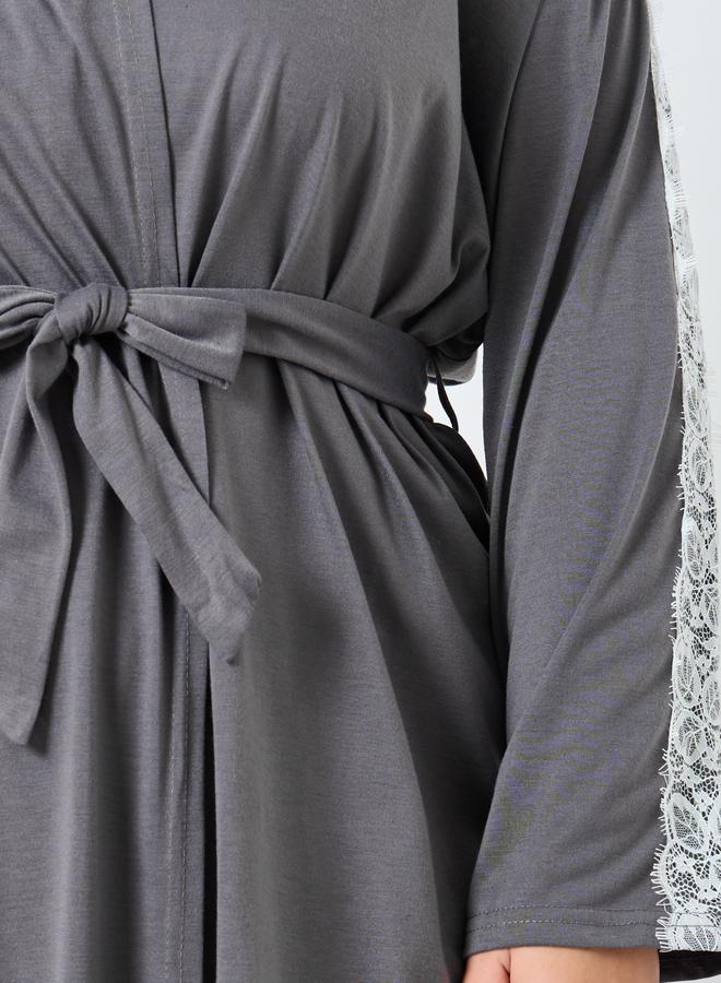 Styli Plus Size Grey Robe with Lace Sleeves - Image 3