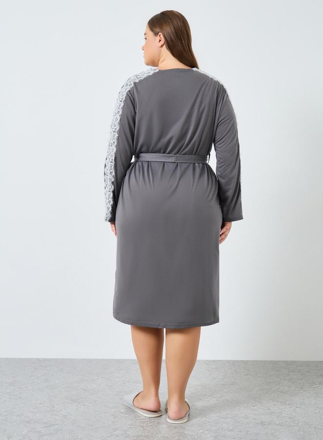 Styli Plus Size Grey Robe with Lace Sleeves - Image 4