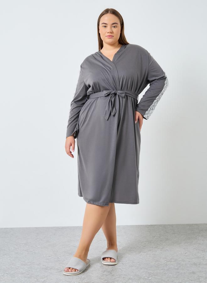 Styli Plus Size Grey Robe with Lace Sleeves - Image 1