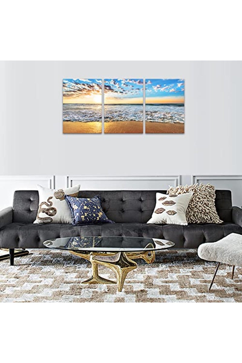KAWAHONE Sunrise Beach Canvas Wall Art, Blue Sky and White Clouds Ocean Poster Framed, Canvas Painting Printing Picture for Home Bedroom Bathroom, 12" x 16" x 3 PCS - Image 2