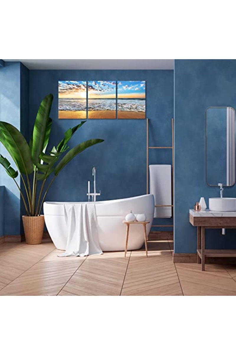 KAWAHONE Sunrise Beach Canvas Wall Art, Blue Sky and White Clouds Ocean Poster Framed, Canvas Painting Printing Picture for Home Bedroom Bathroom, 12" x 16" x 3 PCS - Image 3