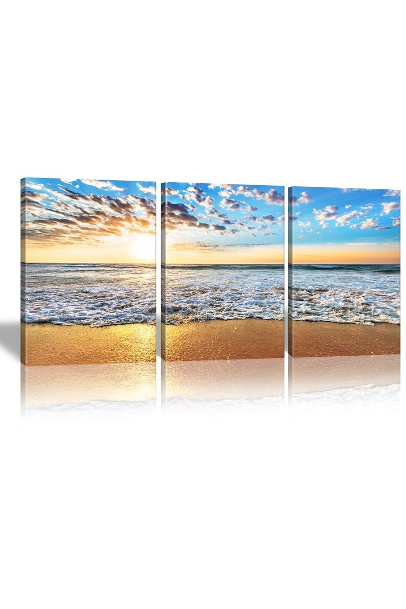 KAWAHONE Sunrise Beach Canvas Wall Art, Blue Sky and White Clouds Ocean Poster Framed, Canvas Painting Printing Picture for Home Bedroom Bathroom, 12" x 16" x 3 PCS - Image 1