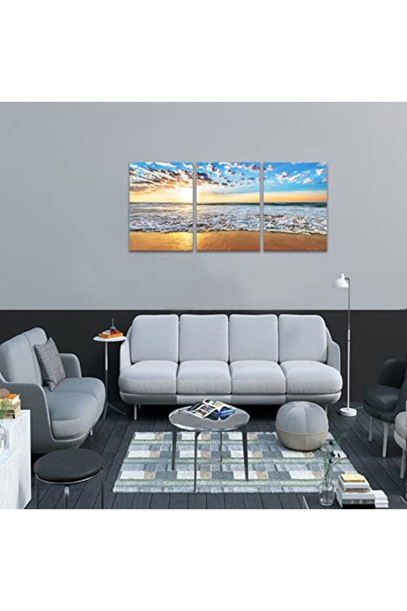 KAWAHONE Sunrise Beach Canvas Wall Art, Blue Sky and White Clouds Ocean Poster Framed, Canvas Painting Printing Picture for Home Bedroom Bathroom, 12" x 16" x 3 PCS - Image 4