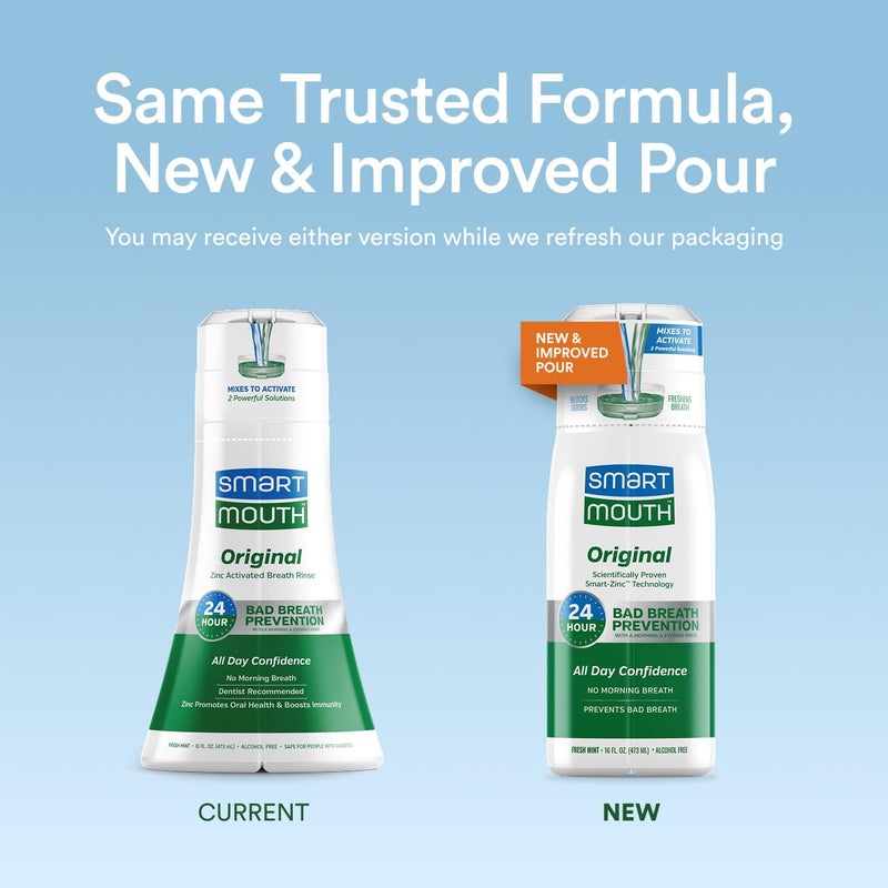 SmartMouth Original Zinc Activated Mouthwash - Instant Fresh Breath Mouthwash - Eliminates Bad Odors and Bad Breath - Alcohol-Free, Sugar-Free, Gluten-Free - Fresh Mint - 16 fl oz (2 Pack) - Image 2