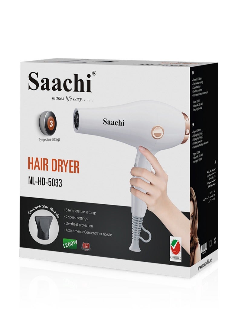 Saaachi Saachi Hair Dryer NL-HD-5033-WH-White With 3 Temperature Settings White - Image 1