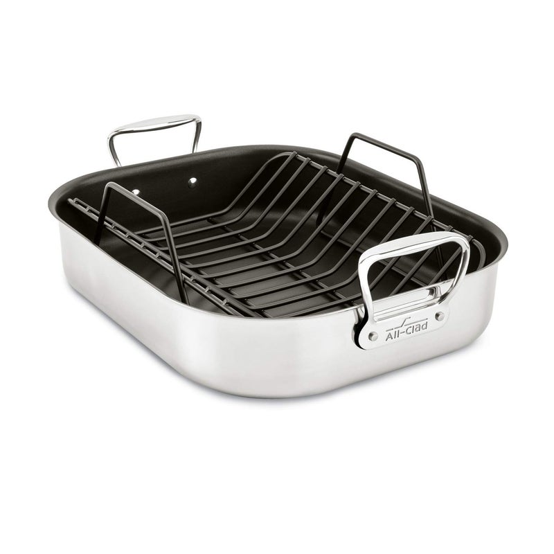 All-Clad AllClad Specialty Stainless Steel Large Roaster with Nonstick Rack 13x16 Inch Oven Broiler Safe 500F Roaster Pan Pots and Pans Cookware Silver 