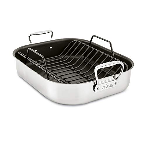 All-Clad صينية شواء كبيرة من الفولاذ المقاوم للصدأ AllClad مع رف غير لاصق 13x16 بوصة آمنة للفرن والشواء 500 درجة فهرنهايت - Image 1