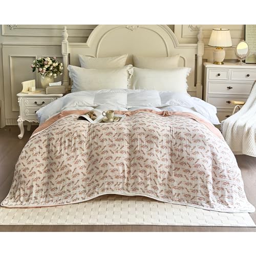 SANACYNA Muslin Blankets 100% Cotton 6-Layer Gauze Queen Floral Bed Blanket Lightweight Soft Breathable Blanket for Sofa Bed Coverlet Both Sides (Floral, Queen 90" X 90") - Image 1