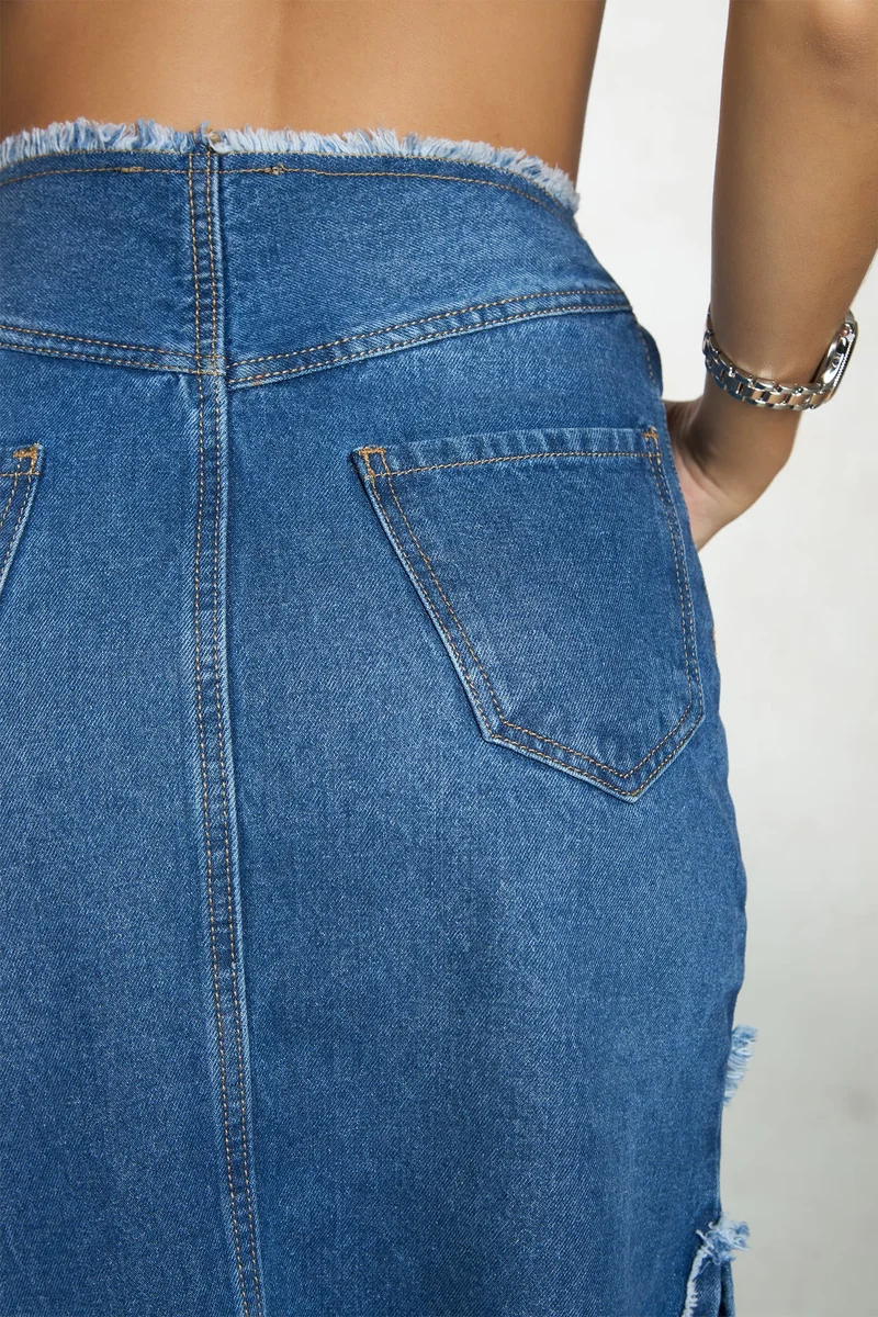 Virgio Medium Blue Solid Cotton Denim Midi Slit Raw Edge Skirt for Women for Women | Best Price UAE