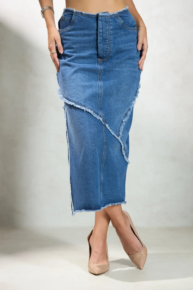 فيرجيو Solid Cotton Denim Midi Slit Raw Edge Skirt for Women