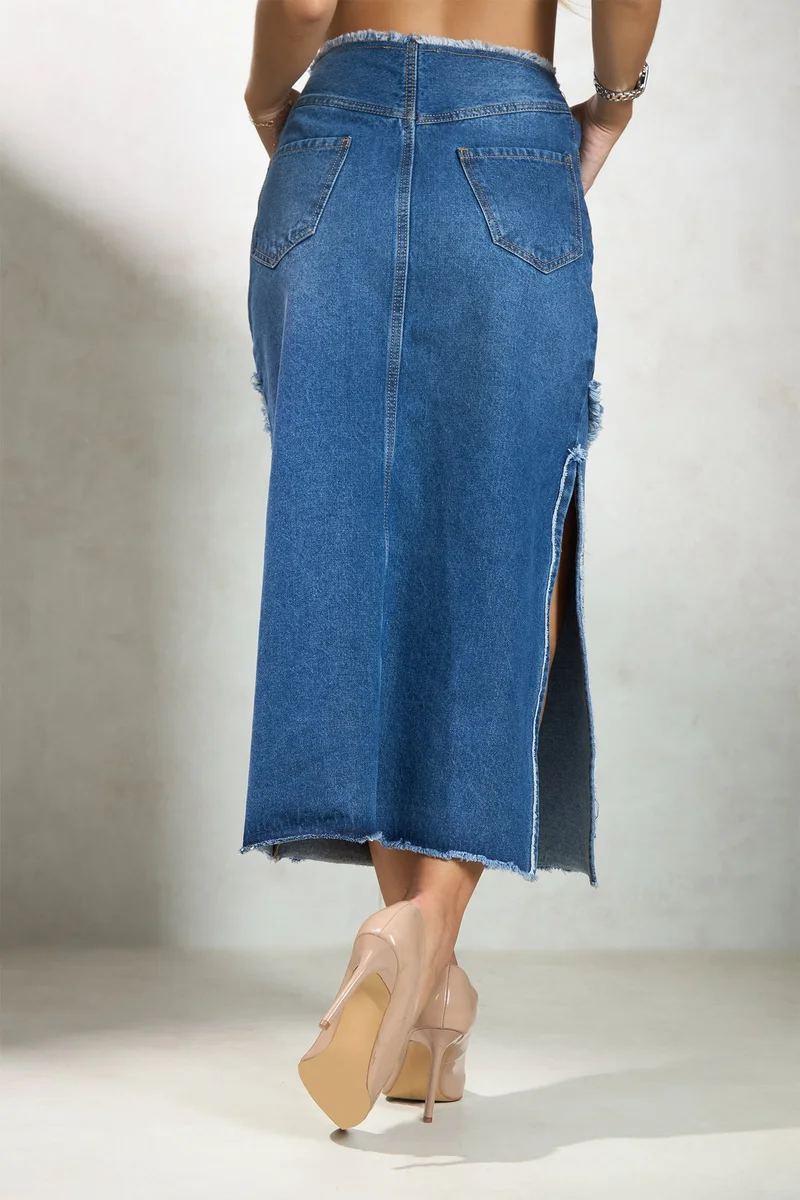 Virgio Medium Blue Solid Cotton Denim Midi Slit Raw Edge Skirt for Women for Women | Best Price UAE