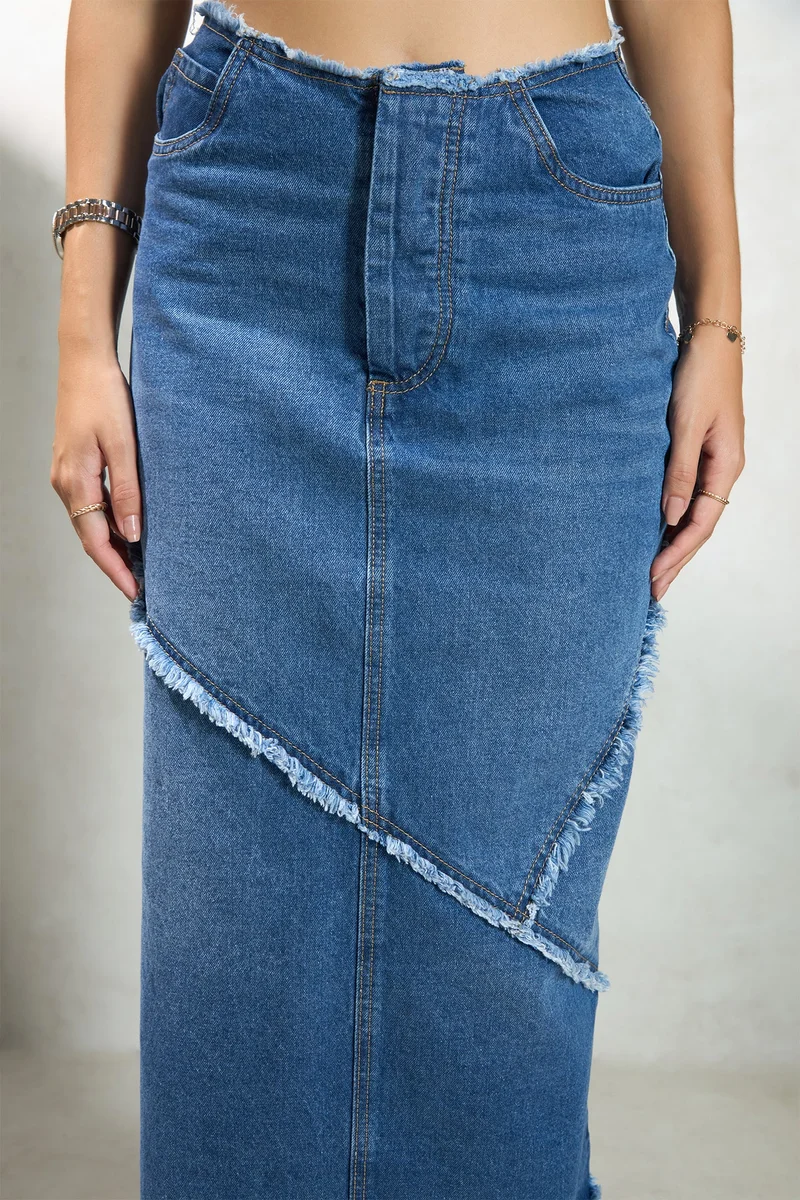 Virgio Medium Blue Solid Cotton Denim Midi Slit Raw Edge Skirt for Women for Women | Best Price UAE