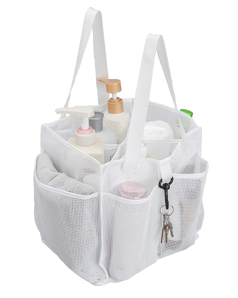 ALYER Mesh Shower Caddy Basket,Large Shower Bag Tote,Hanging Bath Toiletry Organizer with 1 Big Separated Inner Compartment and 6 Deep Outer Pockets (White) - Image 1